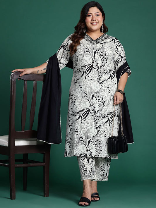 Dhiyona IE Plus Size Printed Pure Cotton Kurta with Trousers & With Dupatta
