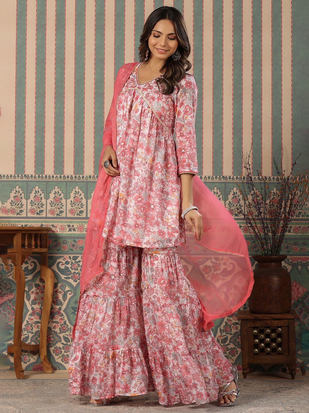 Dhiyona IS Women's Floral Printed V-Neck Gotta Patti Pure Cotton Kurta with Sharara & With Dupatta
