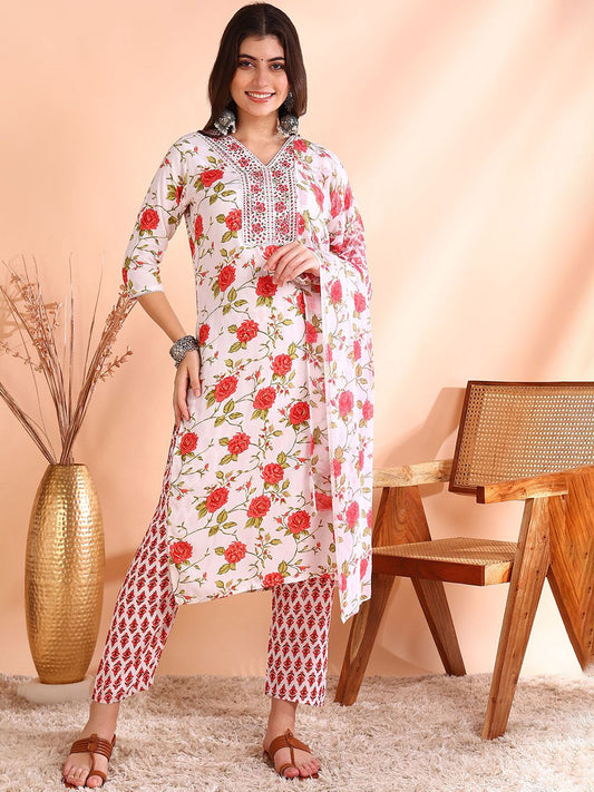 Dhiyona OD  Floral Printed Pure Cotton Kurta with Trousers & Dupatta