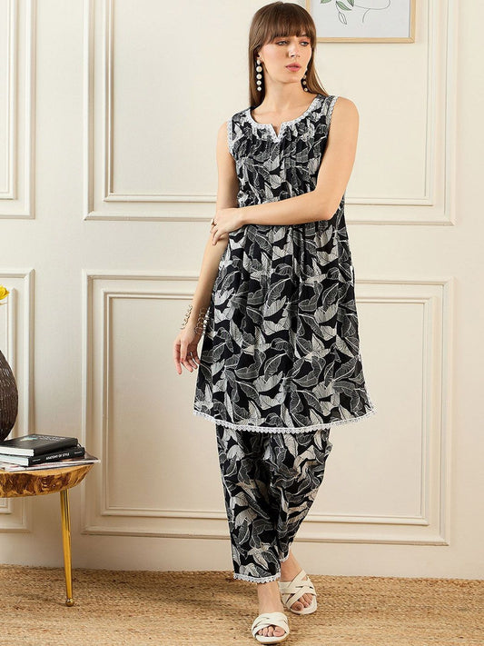 Dhiyona IE Floral Printed Pure Cotton Kurti With Trousers