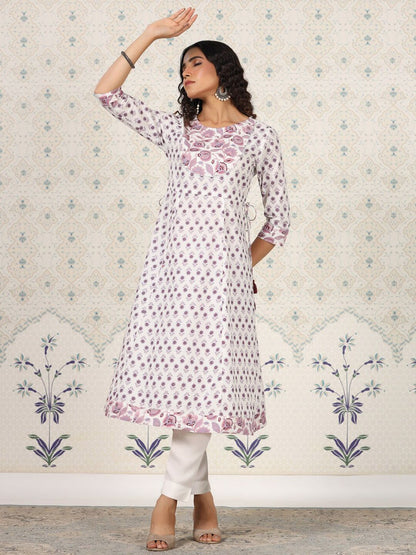 Dhiyona OD  White Floral Printed Pure Cotton A-Line Kurta