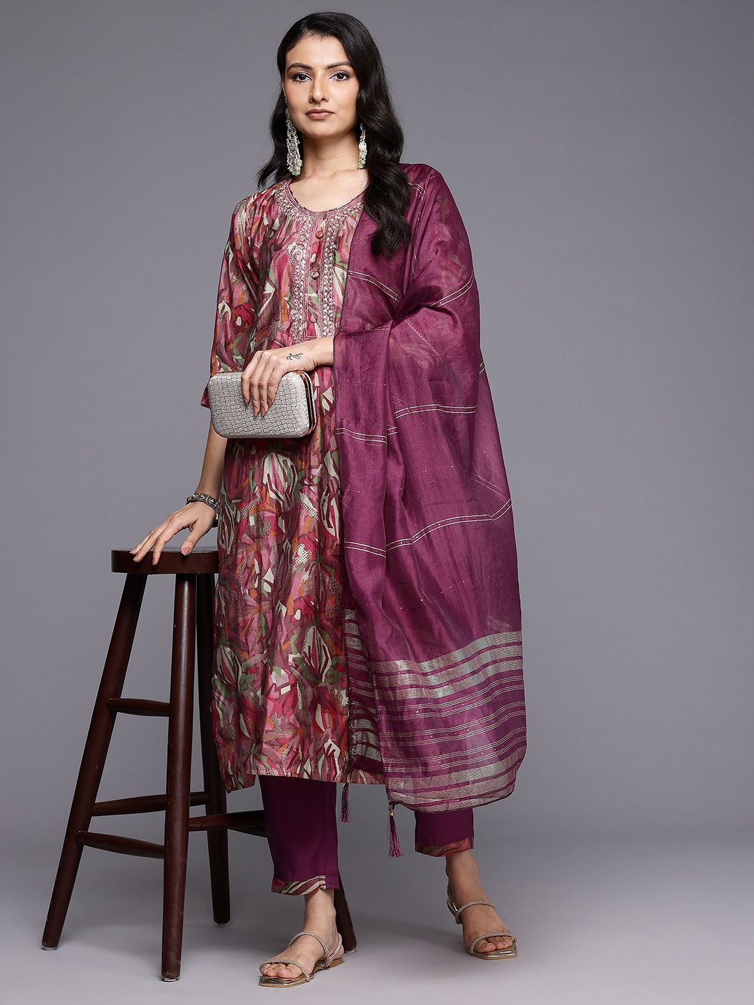Dhiyona VA Women'sPrinted Sequinned Kurta With Trousers & Dupatta