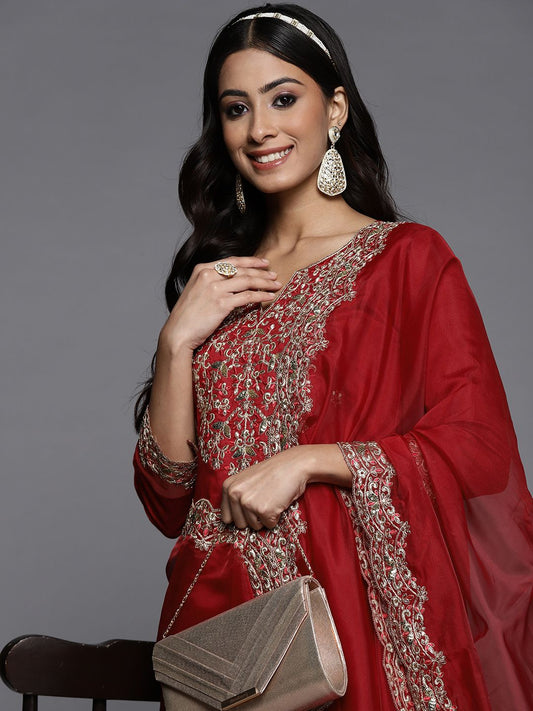 Dhiyona IE Women Red Ethnic Motifs Embroidered Sequinned Liva Kurta with Trousers & Dupatta