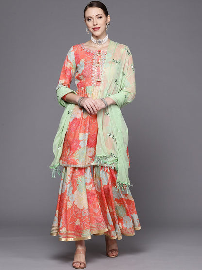 Dhiyona VA Women's Coral Floral Printed Empire Mirror Work Kurta with Sharara & With Dupatta
