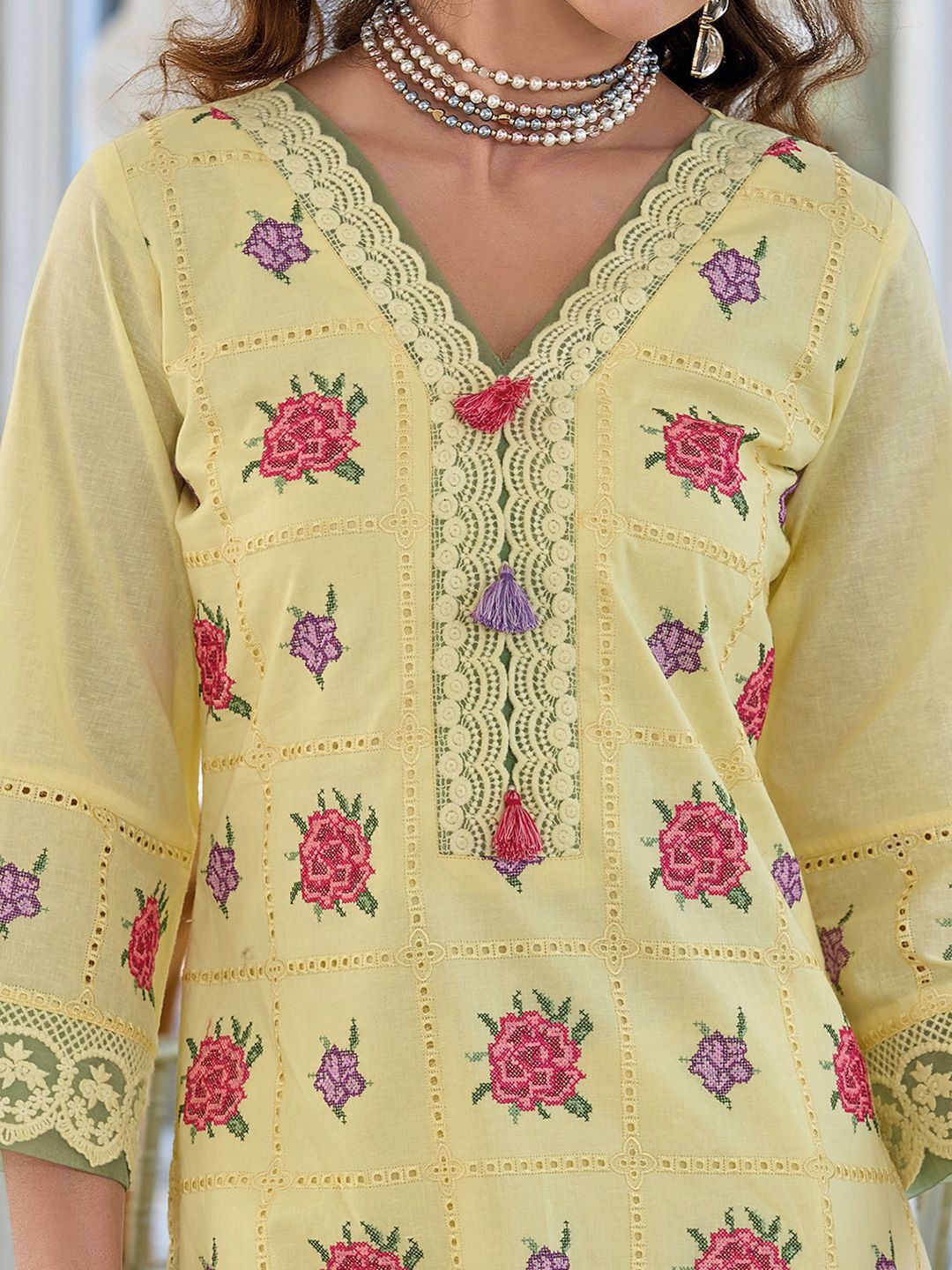Floral Embroidered V-Neck Pure Cotton Straight Kurta With Trousers & Dupatta