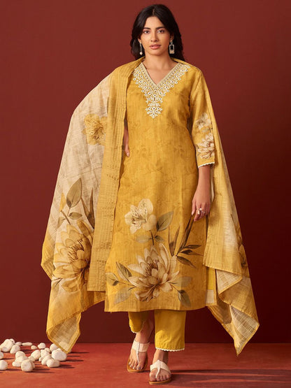 Women Floral Embroidered Cotton Kurta with Trousers & Dupatta