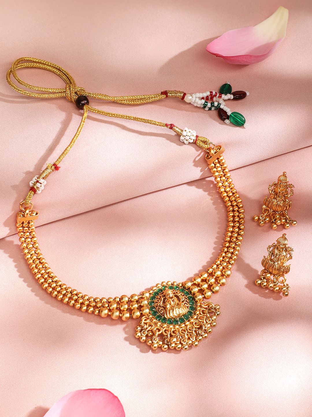 Dhiyona RJ Women's 22K Gold Plated Emerald Studed Gold Beaded Goddess Laxmi Motif Temple Jewellery Set