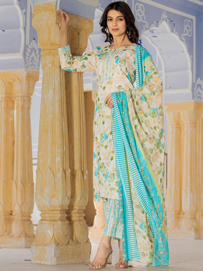 Dhiyona VA Women'sFloral Printed Regular Beads and Stones Kurta with Trouser & Dupatta