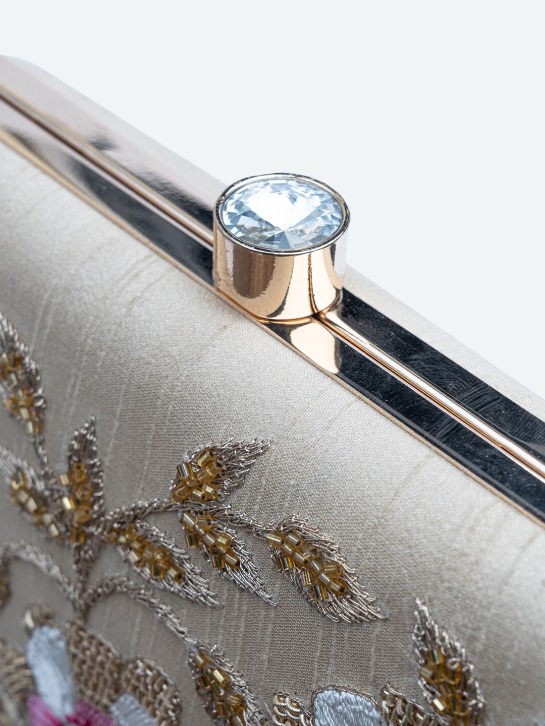 Dhiyona NR Women Beige & Pink Hand Embroidered Box Clutch