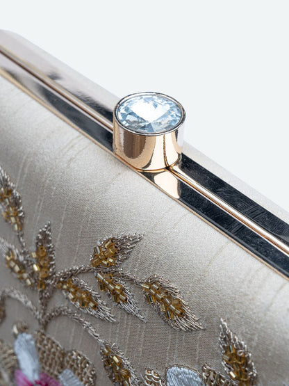 Dhiyona NR Women Beige & Pink Hand Embroidered Box Clutch