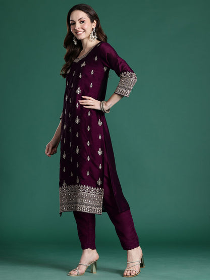 Ethnic Motifs Embroidered Sequinned Kurta with Trousers & With Dupatta