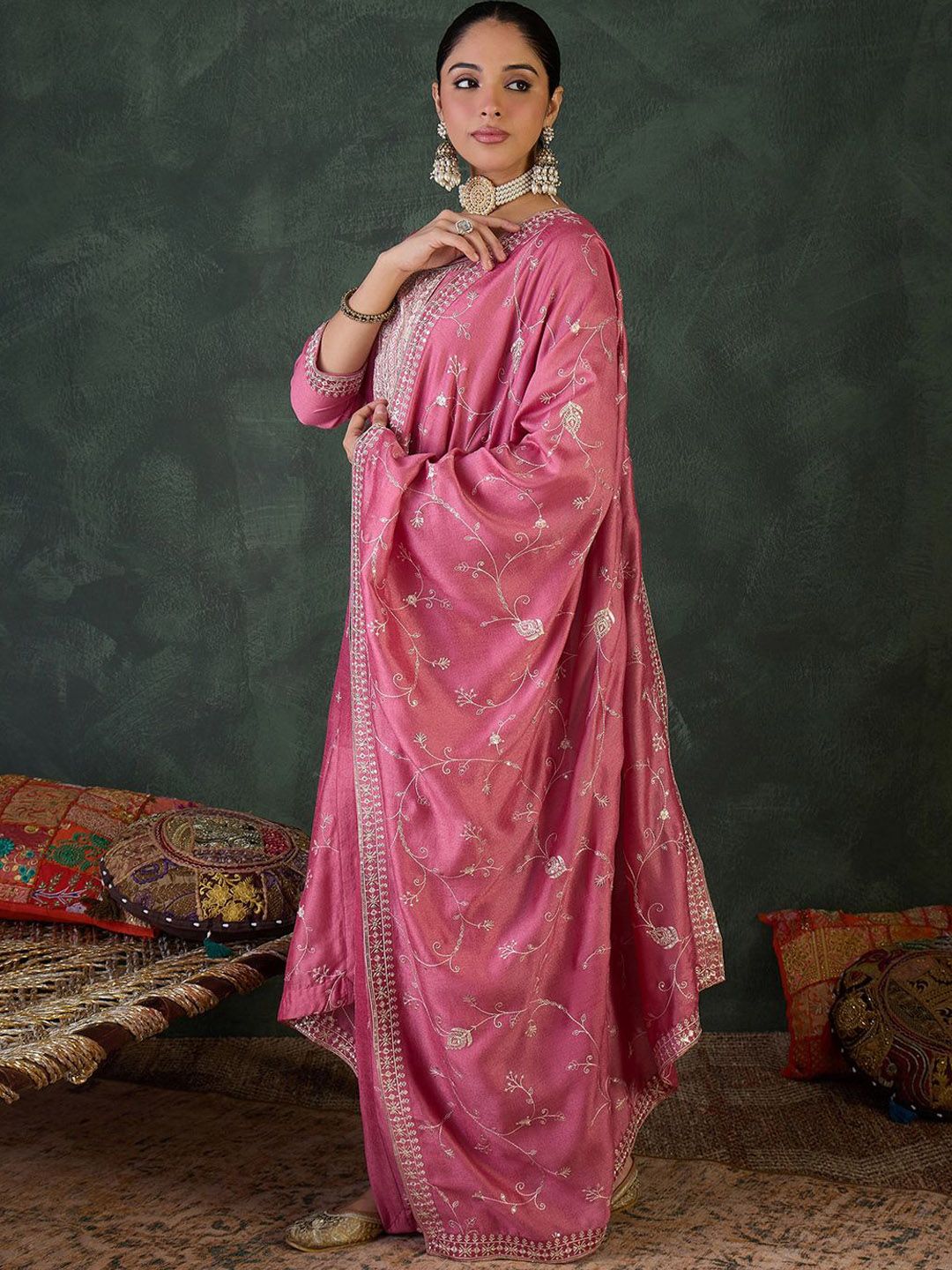 Women Ethnic Motifs Embroidered Regular Sequinned Kurta with Trousers & Dupatta