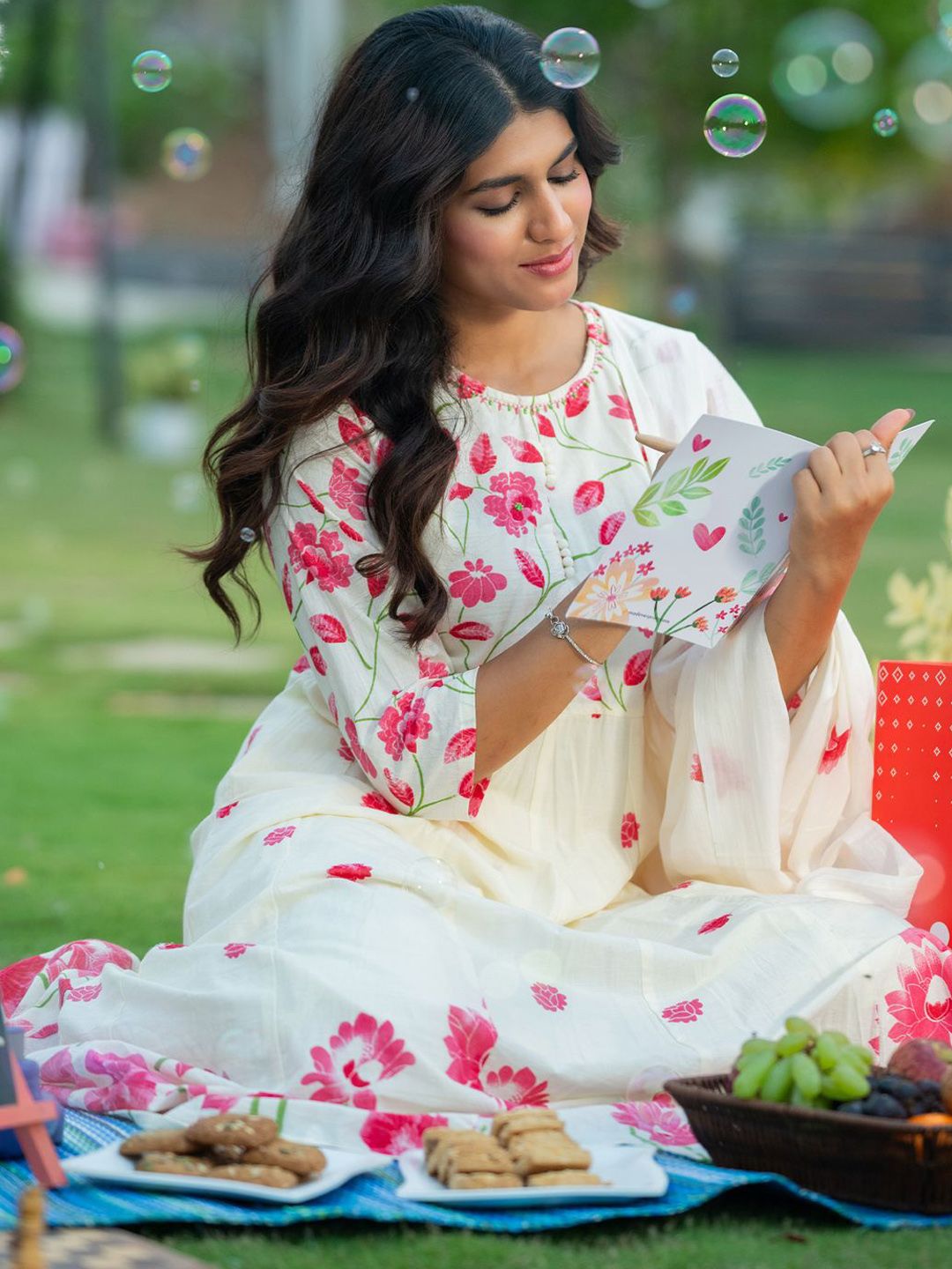 Dhiyona IE Floral Printed Pure Cotton Anarkali Kurta With Trousers & Dupatta