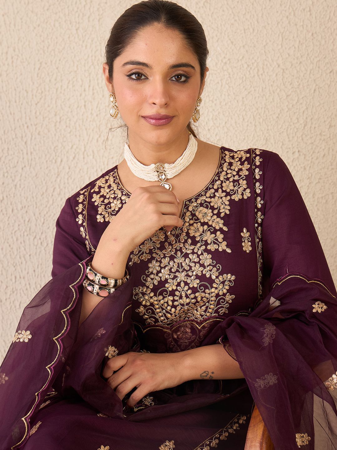 Ethnic Motifs Embroidered Gotta Patti Work Kurta With Trousers & Dupatta