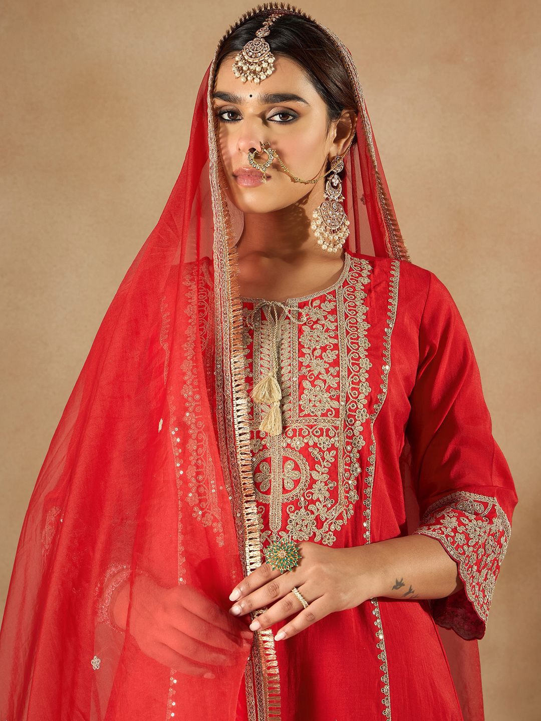 Women Ethnic Motifs Embroidered Panelled Kurta with Trousers & With Dupatta