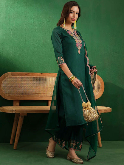 Dhiyona SN Women's Teal Green & Pink Embroidered Straight Kurta With Palazzos & Dupatta