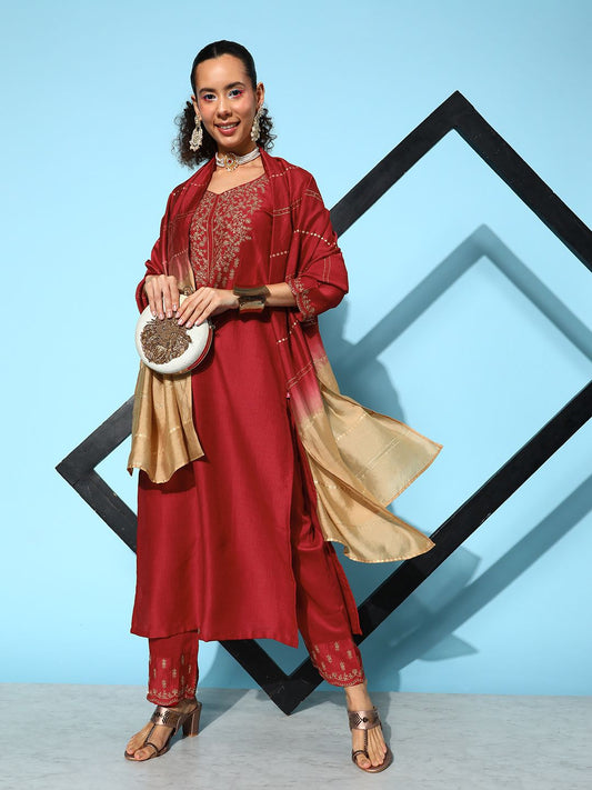 Dhiyona VA Women's Maroon Ethnic Motifs Embroidered Kurta With Trousers & Dupatta