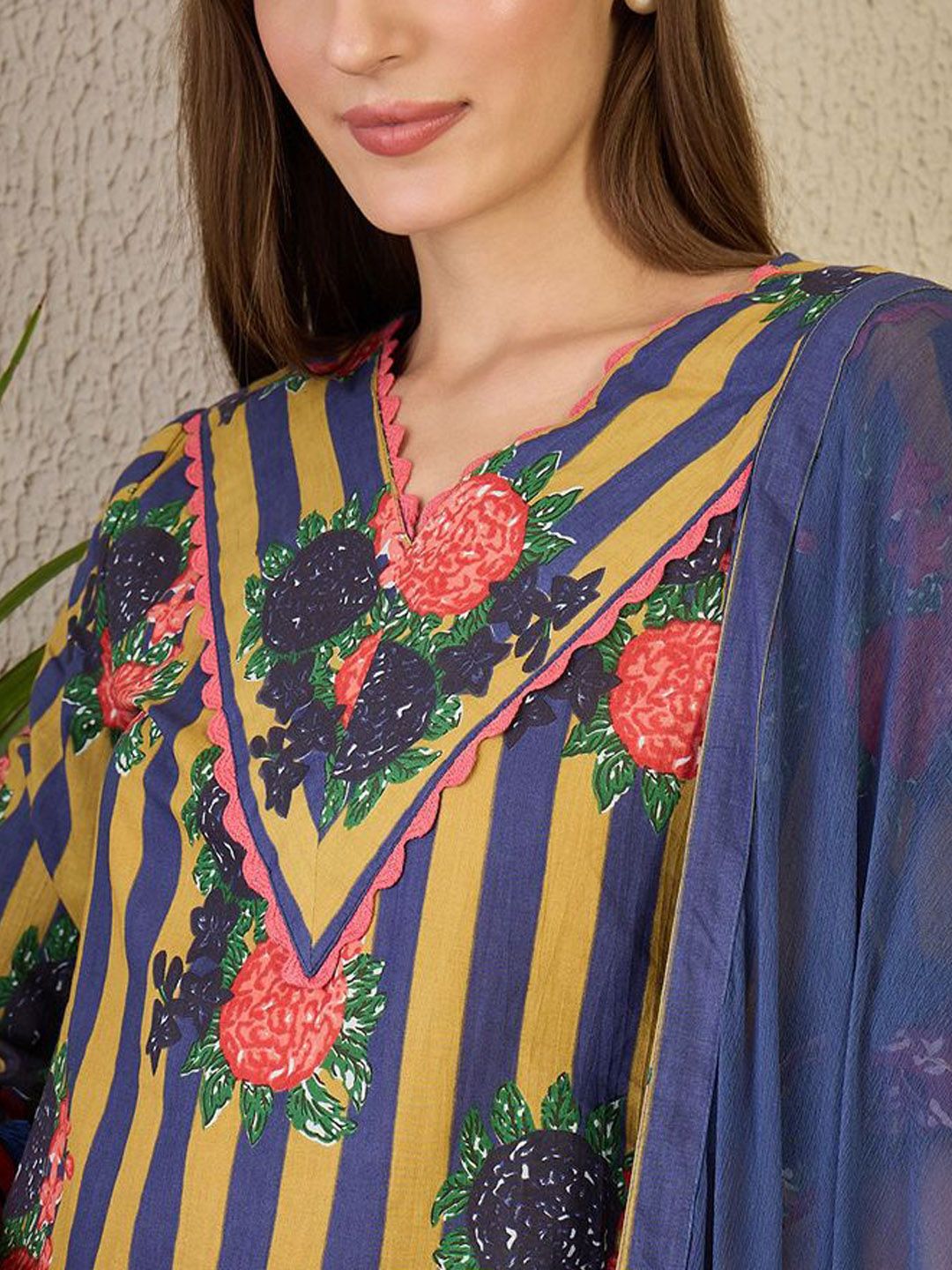 Adults-Women Floral Printed Cotton A-Line Kurta with Trousers & Dupatta