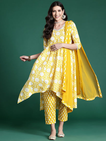 Women Floral Printed Empire Mirror Work Pure Cotton Kurta with Trousers & With Dupatta