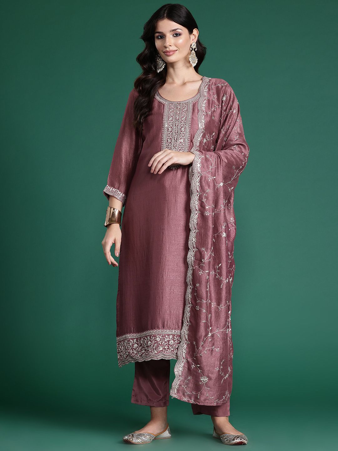 Ethnic Motifs Embroidered Sequinned Kurta With Trousers & Dupatta