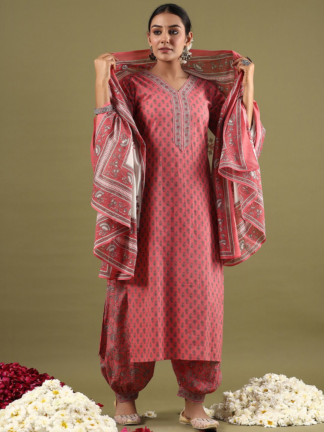 Dhiyona IE Women Ethnic Motifs Printed Regular Pure Cotton Kurta with Salwar & With Dupatta