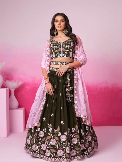 Women Olive Organza Sequins embroidery  Lehenga choli & Dupatta