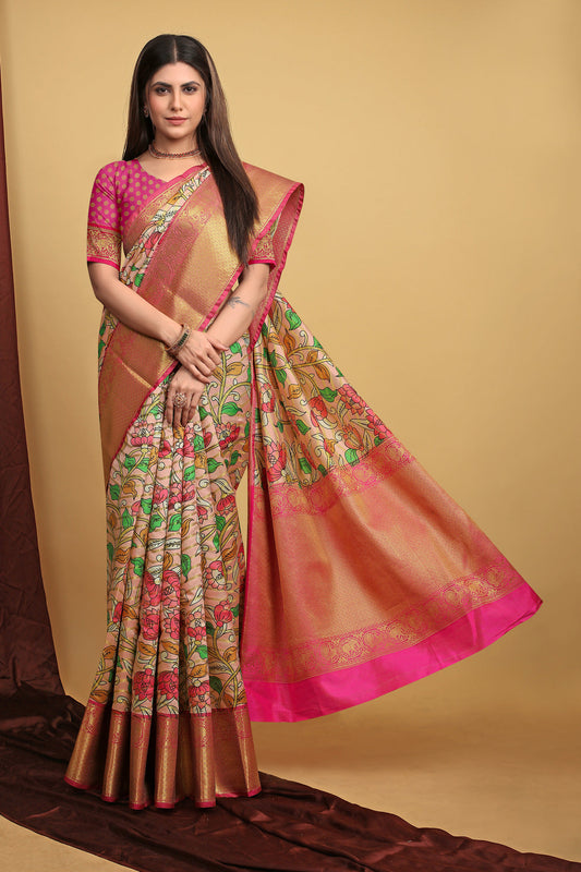 Dhiyona GR Women's Peach Kalamkari Silk Saree