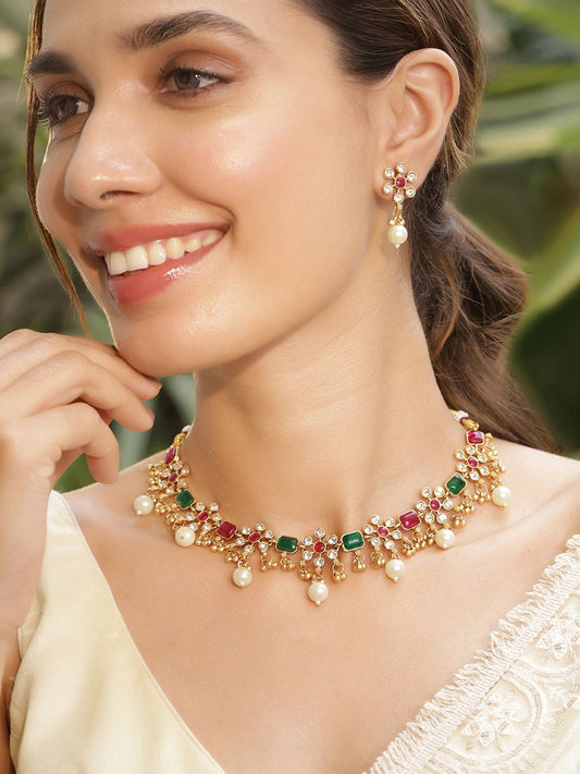 Dhiyona RJ Women's 22KT Gold Plated Brass Red And Green Stone Studded Pearls Hanging Jewellery Set
