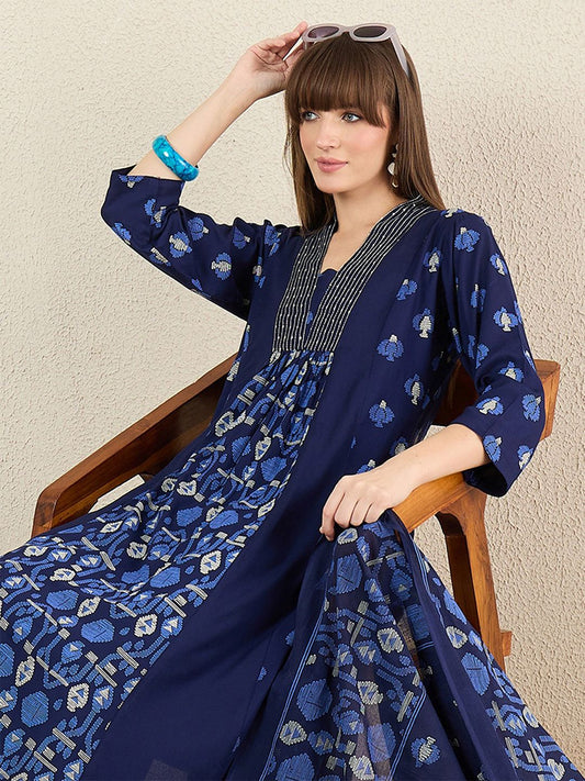Dhiyona IE Women Quirky Printed Cotton Kurta with Trousers & Dupatta