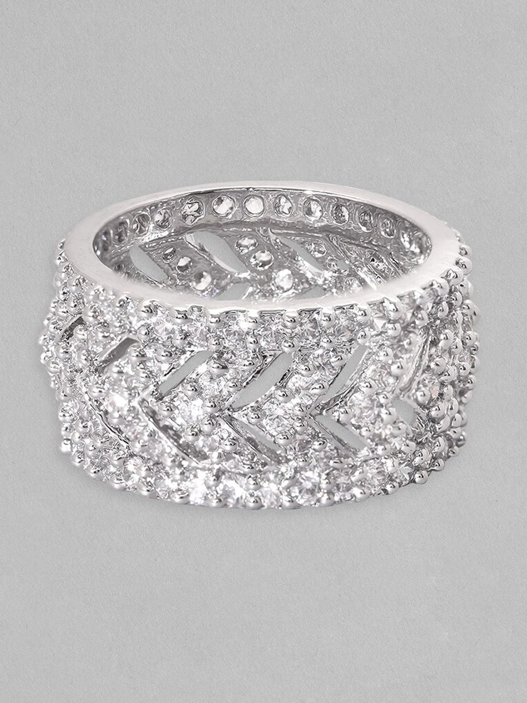 Dhiyona RJ Women's Rhodium-Plated Cubic Zirconia Stone-Studded Finger Ring