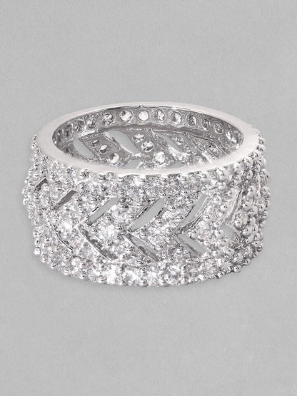 Dhiyona RJ Women's Rhodium-Plated Cubic Zirconia Stone-Studded Finger Ring