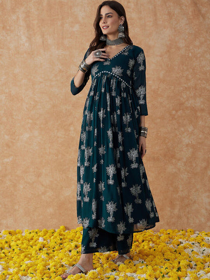 Dhiyona SN Women's Floral Printed V-Neck Anarkali Kurta & Palazzos
