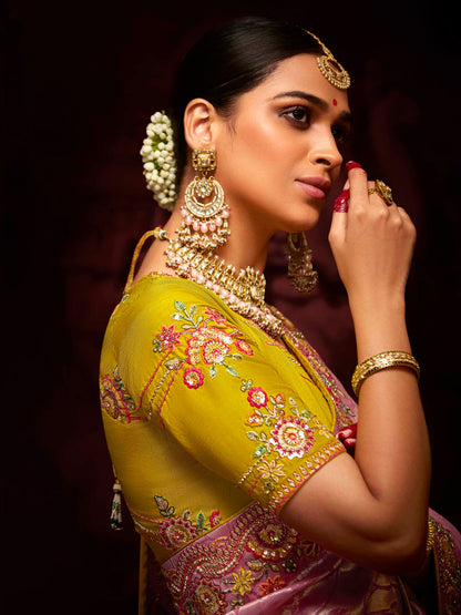 Dhiyona KM Women A Garden Of Dreams: The Roseate Pink Banarasi Silk Saree Verdant Lime Blouse