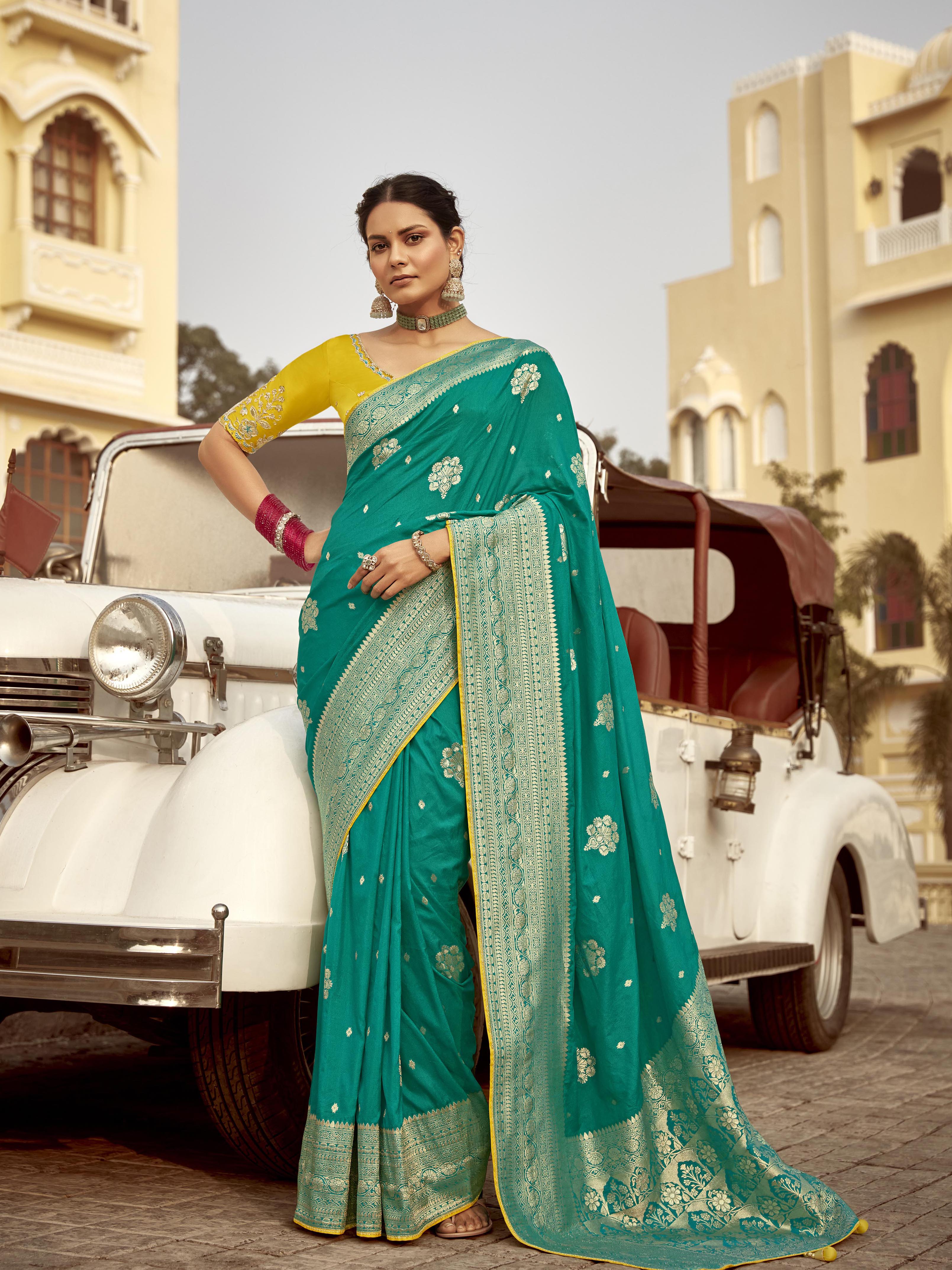Dhiyona KM Women Green Banarasi Silk Saree With Mustard Embroidered Blousegreen Banarasi Silk Saree