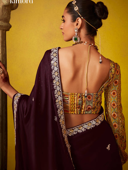 Dhiyona KM Women Wine Elegance “ Embroidered Saree With Heritage Blouse