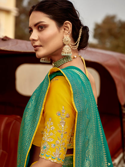 Dhiyona KM Women Green Banarasi Silk Saree With Mustard Embroidered Blousegreen Banarasi Silk Saree