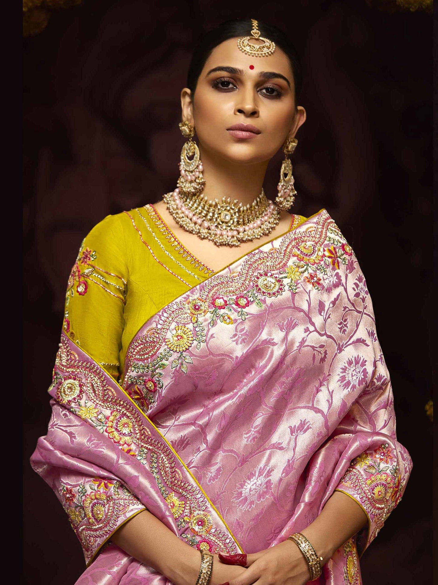 Dhiyona KM Women A Garden Of Dreams: The Roseate Pink Banarasi Silk Saree Verdant Lime Blouse