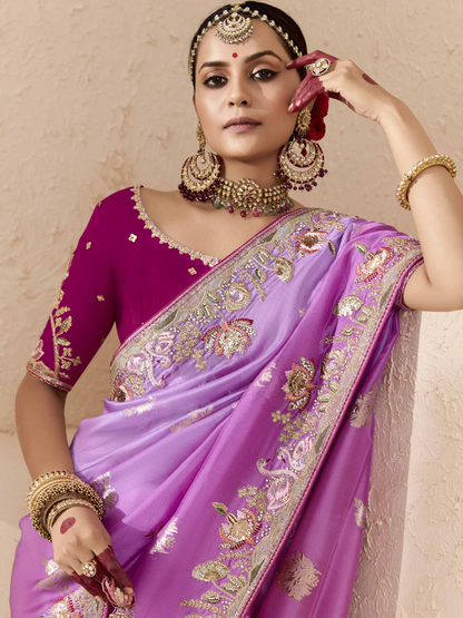 Dhiyona KM Women Shaded Pink & Lavender Tussar Silk Saree