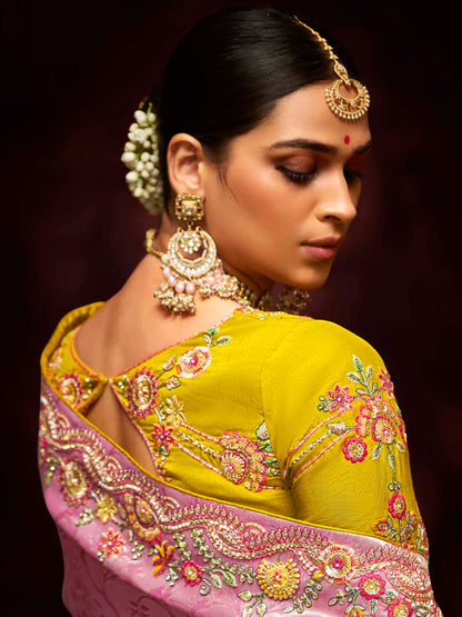 Dhiyona KM Women A Garden Of Dreams: The Roseate Pink Banarasi Silk Saree Verdant Lime Blouse