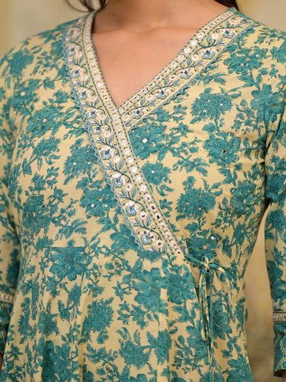 Dhiyona VA Women'sEthnic Motifs Printed Mirror Work Pure Cotton Kurta with Trousers & Dupatta