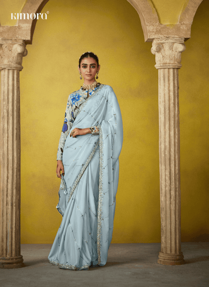 Dhiyona KM Women Serene Sky Blue Saree With An Exquisite Embroidered Blouse