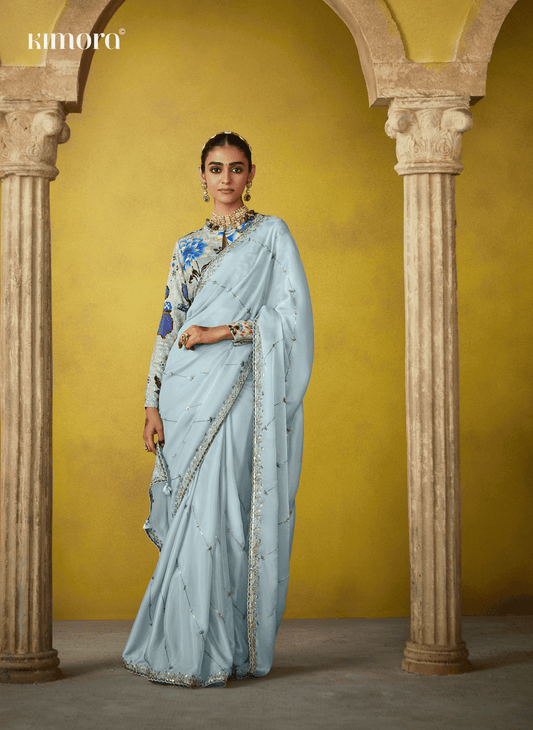 Dhiyona KM Women Serene Sky Blue Saree With An Exquisite Embroidered Blouse