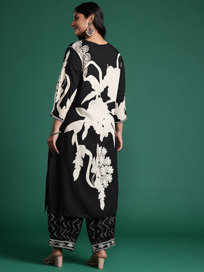Plus Size Floral Printed Beads & Stones Kurta with Salwar