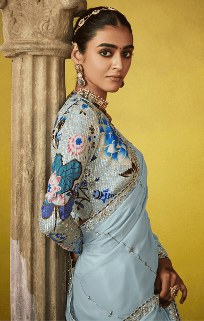 Dhiyona KM Women Serene Sky Blue Saree With An Exquisite Embroidered Blouse