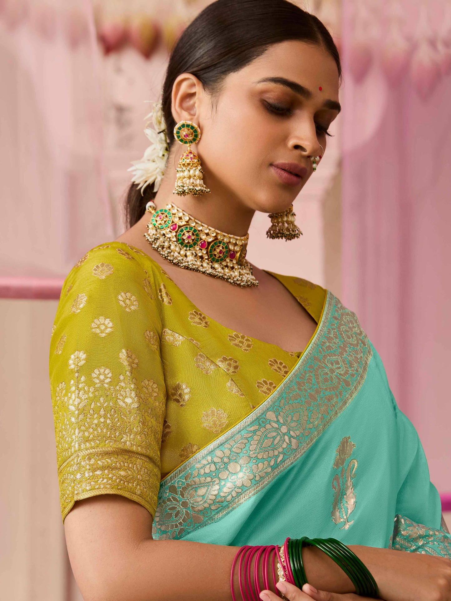 Dhiyona KM Women Sea Green Dola Silk Saree With Yellow Golden Embroidered Blouse