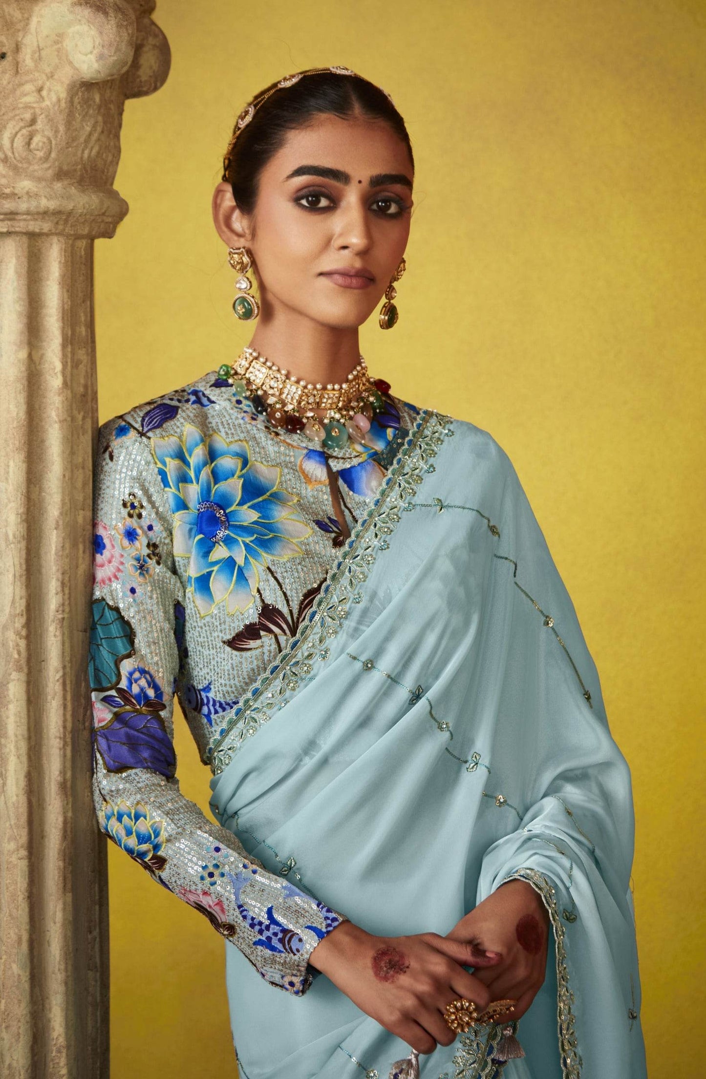 Dhiyona KM Women Serene Sky Blue Saree With An Exquisite Embroidered Blouse
