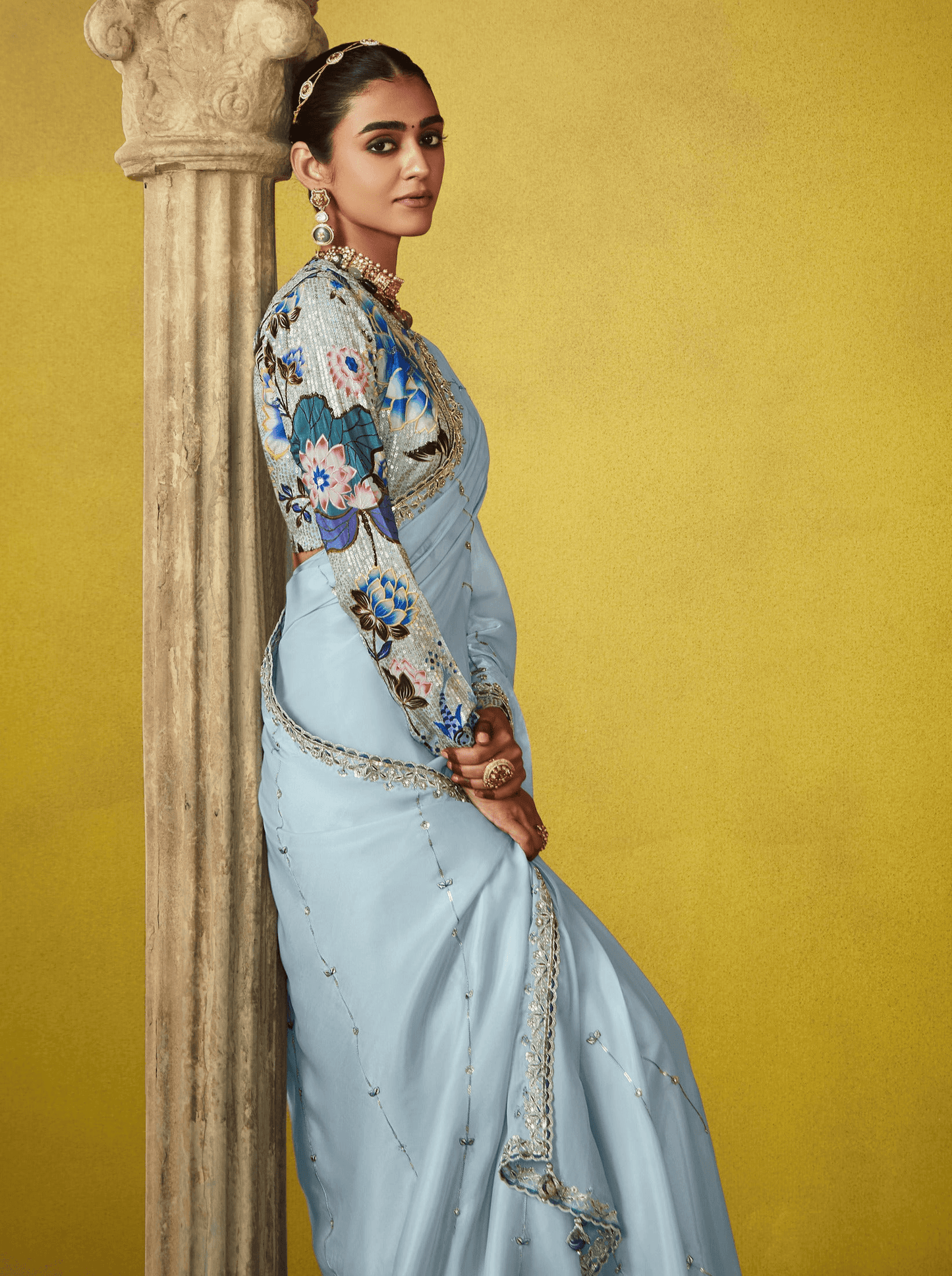 Dhiyona KM Women Serene Sky Blue Saree With An Exquisite Embroidered Blouse