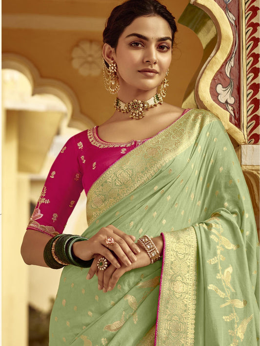 Dhiyona KM Women Ethereal Mint Green Silk Saree “ A Graceful Heritage