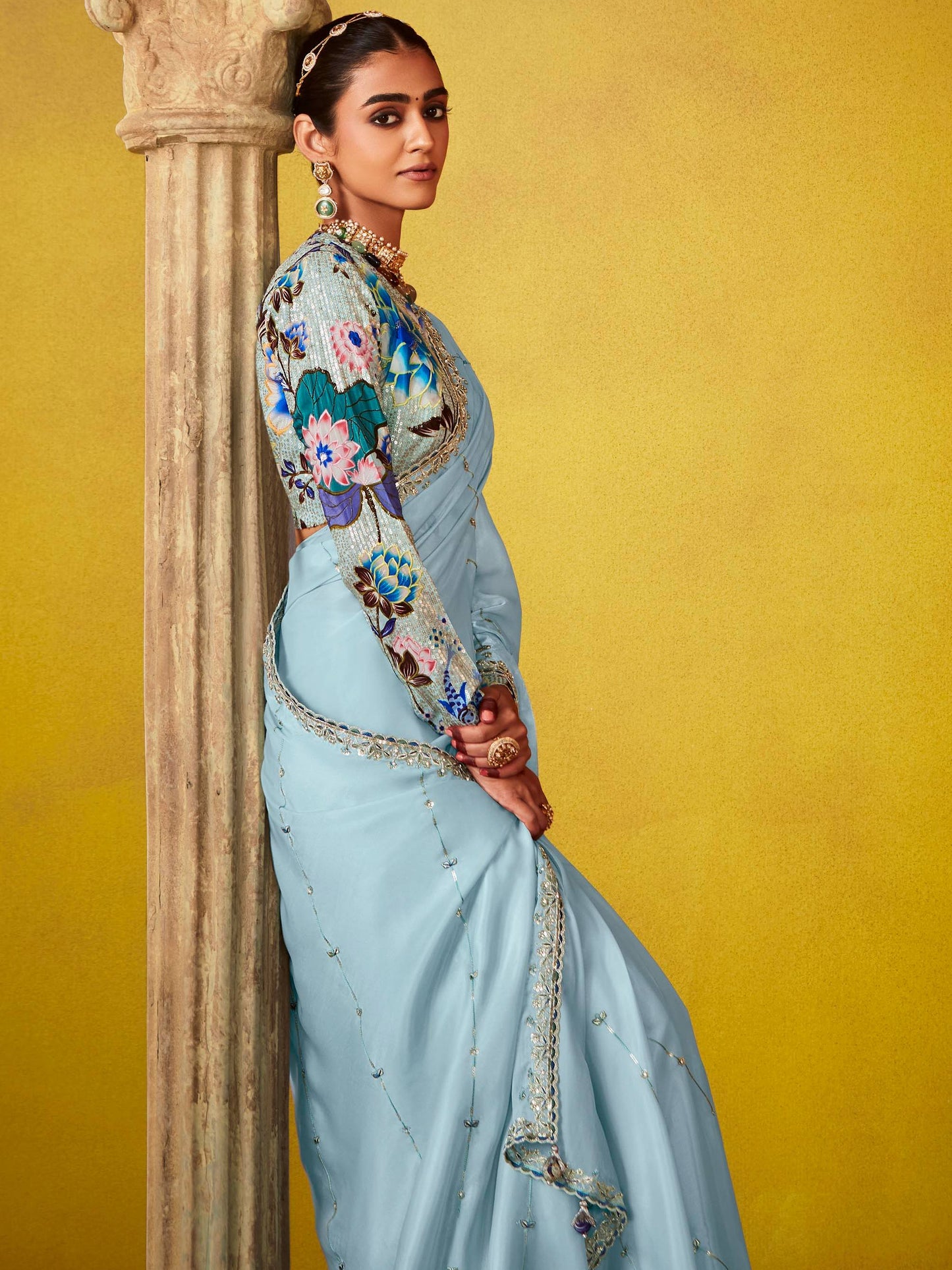 Dhiyona KM Women Ethereal Elegance: Blue Silk Saree With Embroidered Blouse