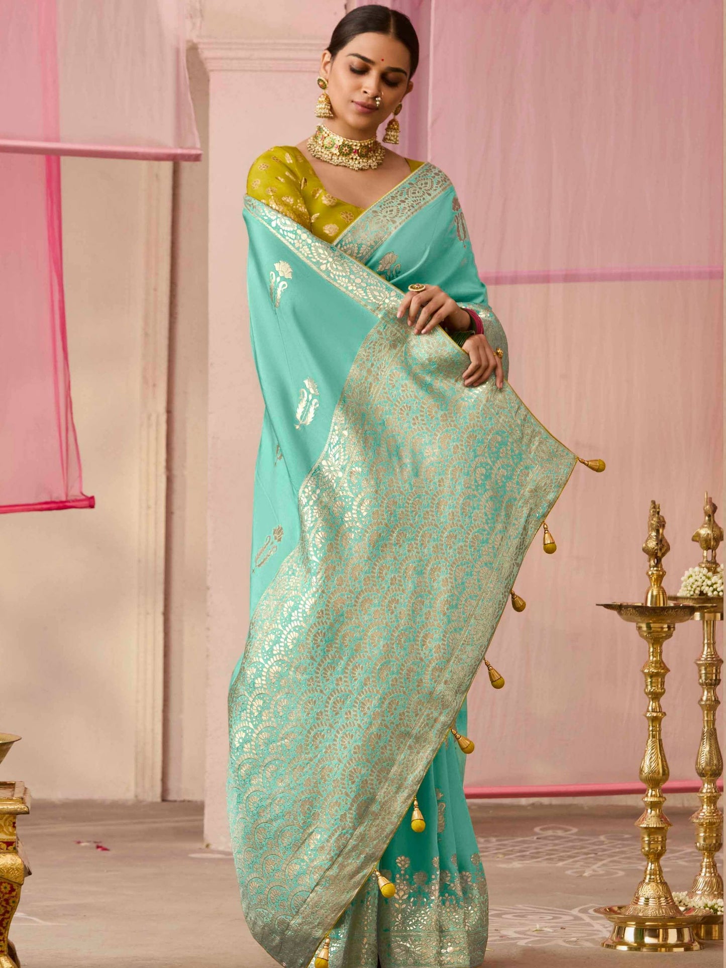 Dhiyona KM Women Sea Green Dola Silk Saree With Yellow Golden Embroidered Blouse